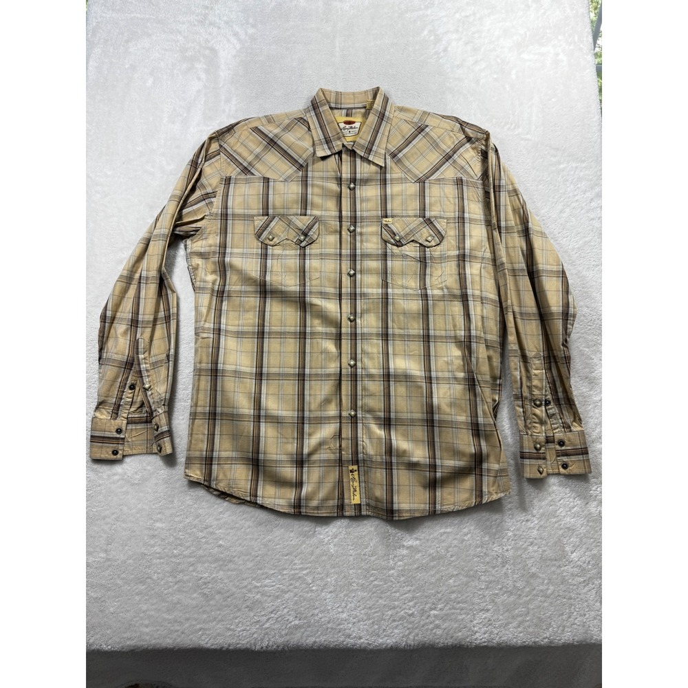 Larry Mahan Mens Cowboy Collection Plaid Pearl Snap Tan Western Shirt XL